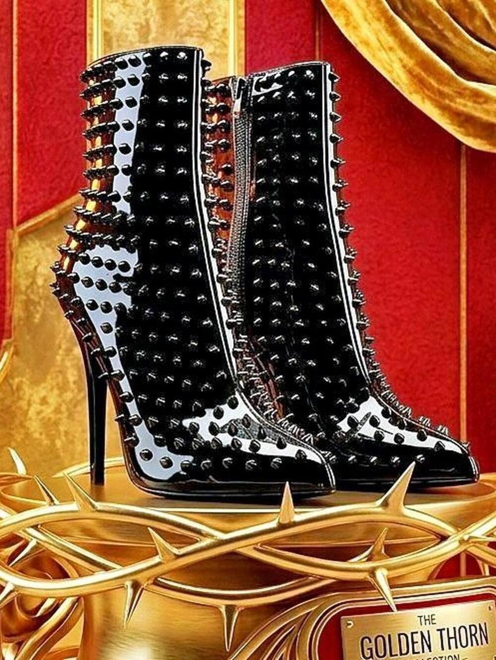 BRAN NEW! Black spiked patent high heel ankle boots, bold and edgy luxury.
